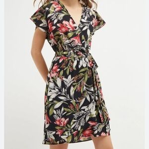 French Connection Black Floral Dress with Pink & Green Print